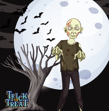 Creepy zombie on full moon background