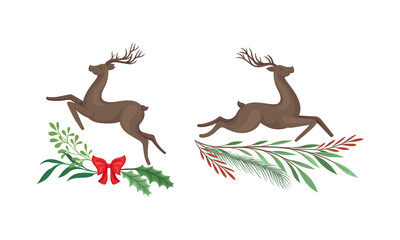 Graceful deers set, Christmas holidays design element with tree branches cartoon vector illustration
