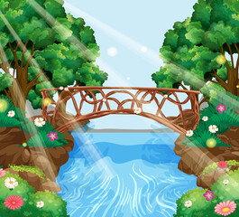 Enchanted garden background with stone bridge