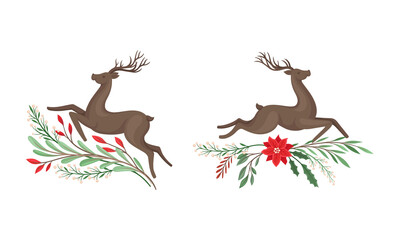 Graceful jumping deers set, Christmas holidays design element with tree branches cartoon vector illustration