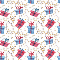 Square seamless pattern with red and blue gift boxes and fairy lights garland. Objects isolated on white background. Holiday theme wallpapers for designing cards and fabric