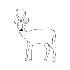 Vector isolated black and white illustration with cute antelope, deer, stag in flat simple style on white background. Children's coloring page, hand-drawn print. Cartoon funny animal. Doodle line.