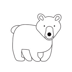 Vector isolated black and white illustration with cute bear in flat simple style on white background. Children's coloring page, hand-drawn print. Cartoon funny animal. Doodle outline. Teddy-bear.