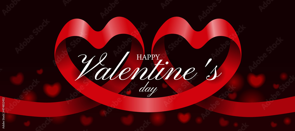 Poster happy valentine's day - red ribbon roll make twin heart shape on dark background with heart bokeh an