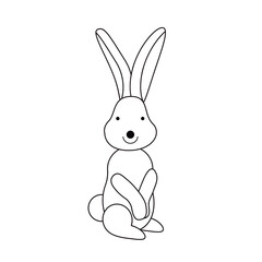 Vector isolated black and white illustration with cute rabbit, hare, bunny in flat simple style on white background. Children's coloring page, hand-drawn print. Cartoon funny animal. Doodle line.