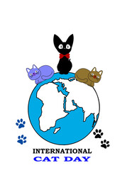 International cat day design with cats standing over the globe on white background, banner,
