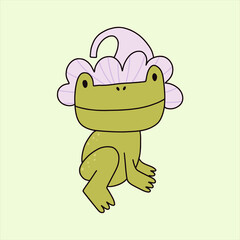 Cute frog in a flower hat. Funny cartoon doodle character for shirt, kids wearing, other trendy designs.