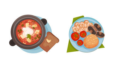 Top view of meal served on plates set. Soup, stewed beans with mushrooms and bun vector illustration