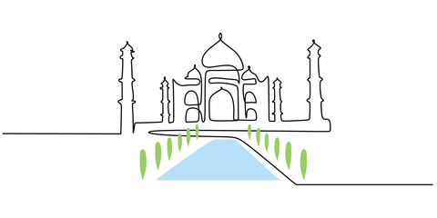 Fototapeta premium Continuous one single line of taj mahal from india isolated on white background.