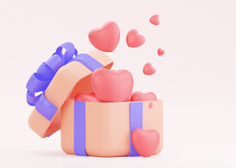 14 february, Valentine's day design. Realistic pastel gift box Opening full of shape hearts. Holiday banner, web, greeting card, Romantic background. 3D rendering