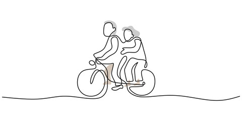 Continuous one single line of mature couple riding bicycle isolated on white background.