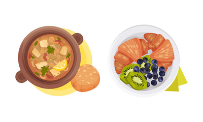 Top view of meal served on plates set. Soup, croissant with fruit and berries vector illustration