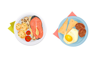 Top view of meal served on plates set. Salmon fish, potato and mushroom, fried egg and cheese vector illustration