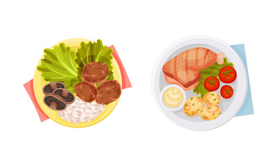 Top view of meal served on plates set. Classic breakfast dishes vector illustration