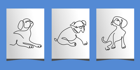 Continuous one single line of three cute dog poster isolated on blue background.