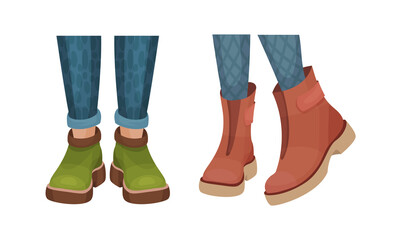 Set of female leegs in trendy shoes. Leather boots in casual style vector illustration