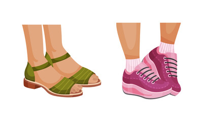 Set of female leegs in trendy shoes. Sandals and sneakers seasonal footwear in casual style vector illustration