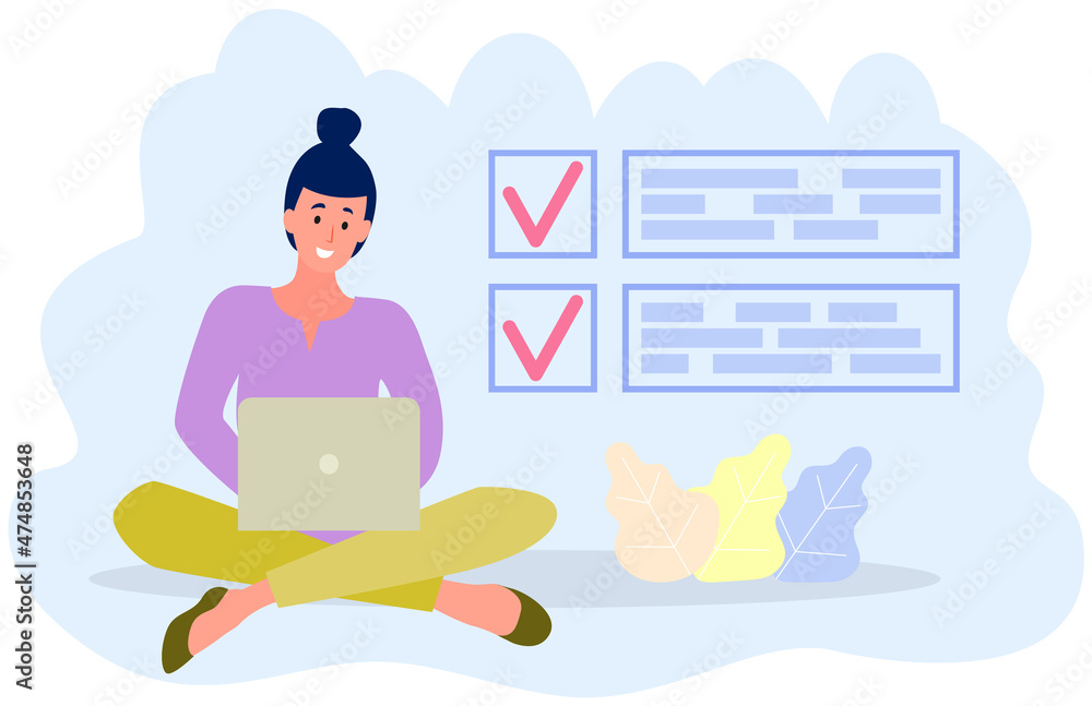 Poster freelancer sitting with laptop and working with to do list. time management, schedule planning conce