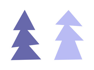 Obraz premium Vector isolated simplified illustration with abstract purple (very peri) and light violet fir trees. Concept with two flat hand drawn spruces on white background. Scandinavian style