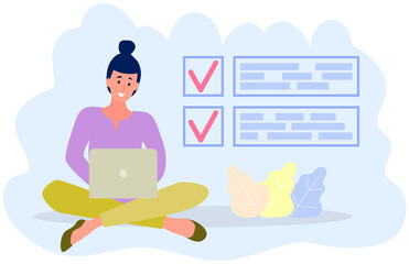 Freelancer sitting with laptop and working with to do list. Time management, schedule planning concept. Woman with checklist, task planner program on computer. Lady plans work schedule for month