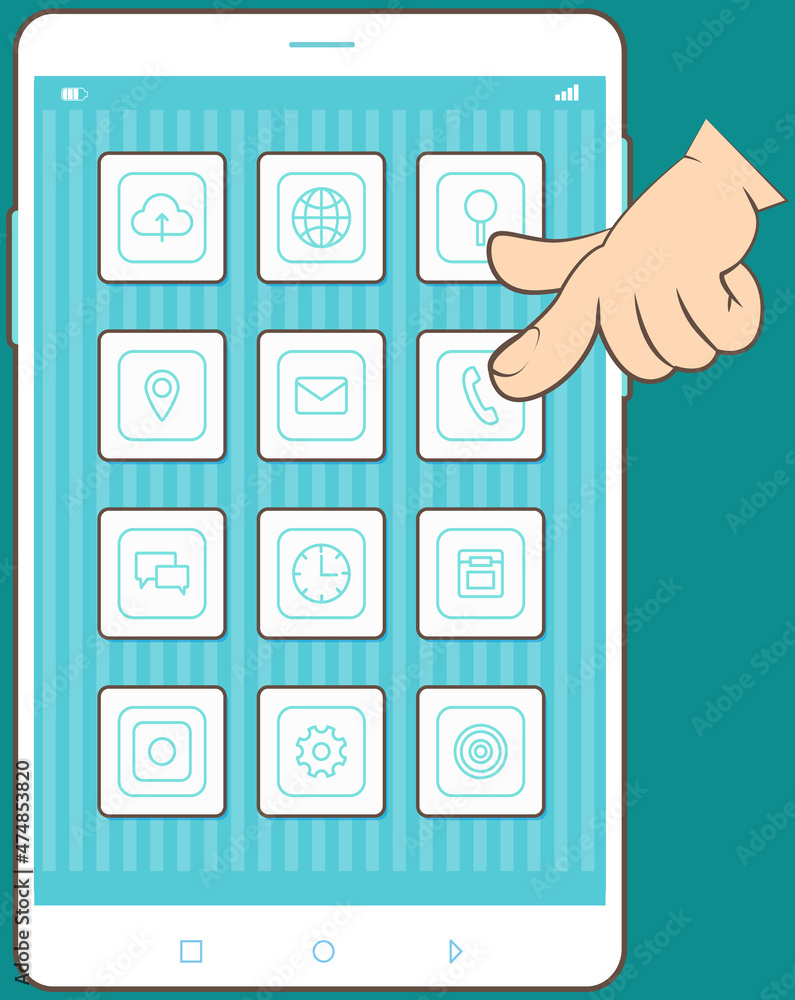 Poster human hand with fingers touching elements interacting with icons on mobile phone display. smartphone
