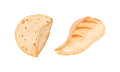 Wheat pita bread and chicken fillet. Doner kebab, shawarma cooking ingredients vector illustration - obrazy, fototapety, plakaty
