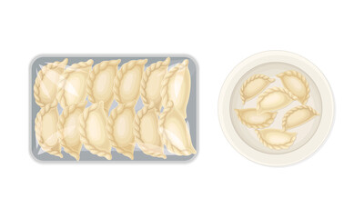 Set of uncooked dumplings on plates. Vareniki made of dough stuffed with meat or vegetables vector illustration