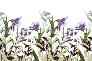 Vector floral seamless pattern, border. Horizontal panoramic image with white-purple flowers.