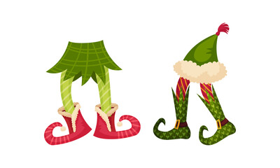 Christmas elf legs with funny socks and boots. Xmas holiday decor elements vector illustration