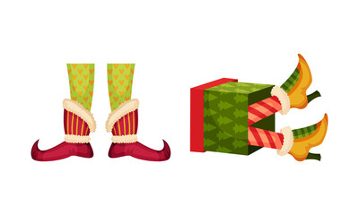 Christmas elf feet set. Gnome or leprechaun legs with funny socks and boots. Xmas holiday decor elements vector illustration