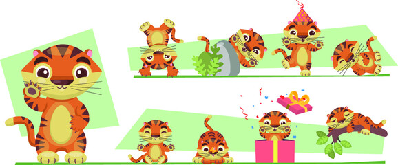 Cute New Year's tiger cub smiles and waves. In various poses, a symbol of 2022. Vector cute tiger