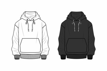 Hoodie vector template . Unisex, male, female model. Front view. Outline fashion technical sketch of clothes model. black and white