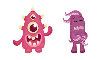 Cute colorful monsters set. Cartoon toothy mutants characters with funny faces vector illustration