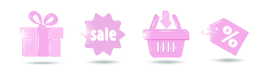 Set of sale icons in  pink colors. Gift box, shopping cart, price  and sale tags. Discount and promotion concept. 3D vector illustration