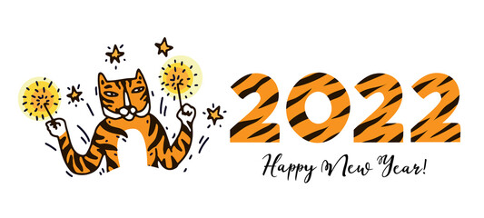 New Year of the tiger 2022 concept banner. Numbers of the year 2022 with stripes and cute tiger face
