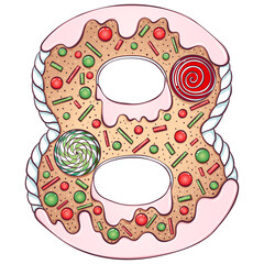 Serial number 8. Gingerbread Cookies in the form of number eight. Cartoon color vector font in hand drawn line art style isolated on white background. Lettering logo template. Christmas concept design