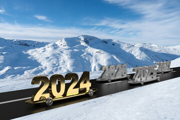 Gold 2024 new year car on skateboard and road in mountains winter background.