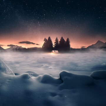 Winter landscape under night sky
