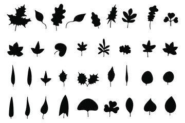 Black leaf vector icons set on white background. Line art plants for logo, eco nature and trees design, doodle cartoon style, wallpaper, background, packaging, seamless patterns, textiles, fabrics