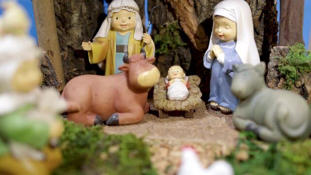 Christmas Belen, Nativity scene,creche with Joseph Mary and Jesus, zoom in