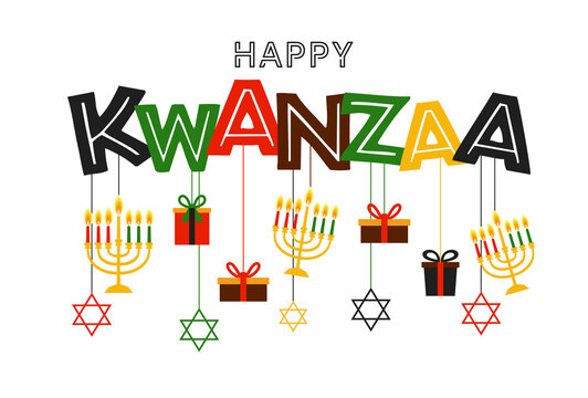 Vector illustration of Kwanzaa. Holiday african symbols with lettering on white background.