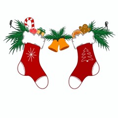 Stocking for gifts.  Christmas stocking with gifts on a white background.  Christmas stockings on a rope with traditional holiday decorations, inside with dried orange, gingerbread man, gift, lollipop