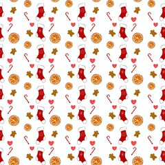 Christmas pattern with New Year’s socks for gifts, gingerbread, candy, dry orange and heart. Decor for napkins, wrapping paper, baby clothes, postcards. 