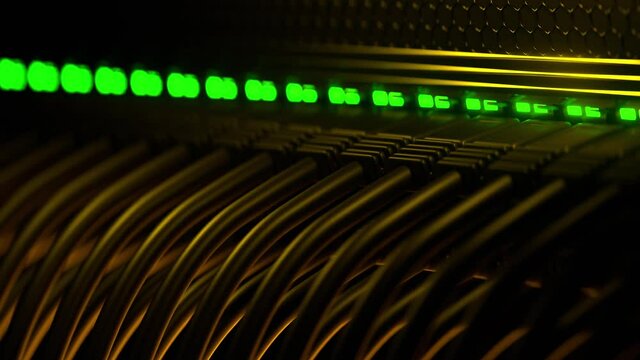 Netwok datacenter server room flying along cable patch cord connectors in the endless swithc. Loppable animation.