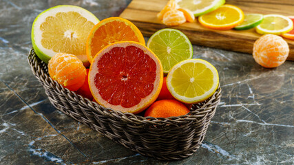 Citrus fruits. Oranges, lime, lemon, mandarins, citrus, pomelo, and grapefruit