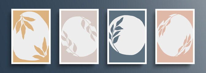 Color botanical backgrounds set. Hand drawn boho foliage covers drawing with white round shapes. Abstract floral backgrounds for your creative graphic design. Vector illustration.
