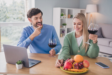 Photo of passionate sweethearts enjoy 14-february romantic date eat fresh grapes hold wineglass sit table apartment room