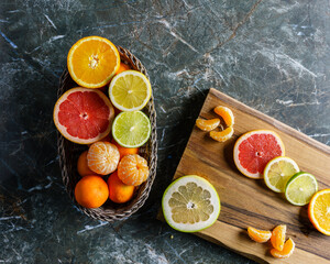 Citrus fruits. Oranges, lime, lemon, mandarins, citrus, pomelo, and grapefruit