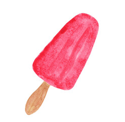 Pink ice cream. Popsicle with berry glaze. Colorful strawberry or raspberry sundae on a wooden stick. Hand drawn watercolor illustration isolated on white background.