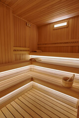 Sauna interior concept, empty wooden steam room in hotel. Healthy and spa life style.